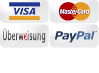 Zahlungsmethoden: PayPal, sofort.de, Vorkasse, Kreditkarte.